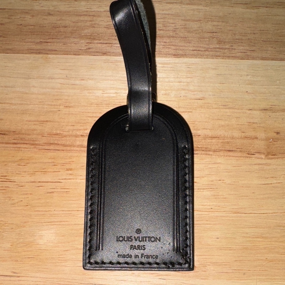 Louis Vuitton Black Leather luggage Tag purse charm brass hardware